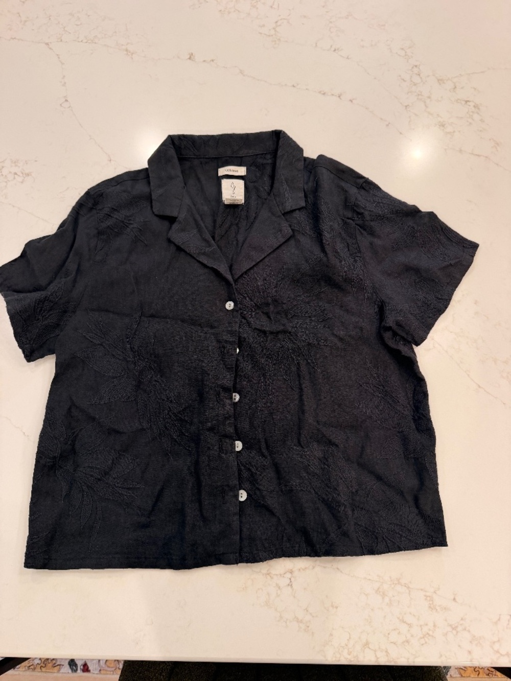 Joie 100% Linen Embroidered Floral Button Front Blouse Women's Medium Black Shor